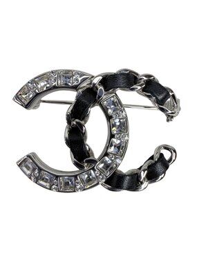 Chanel CC Crystal & Leather Chain Silver Tone Brooch